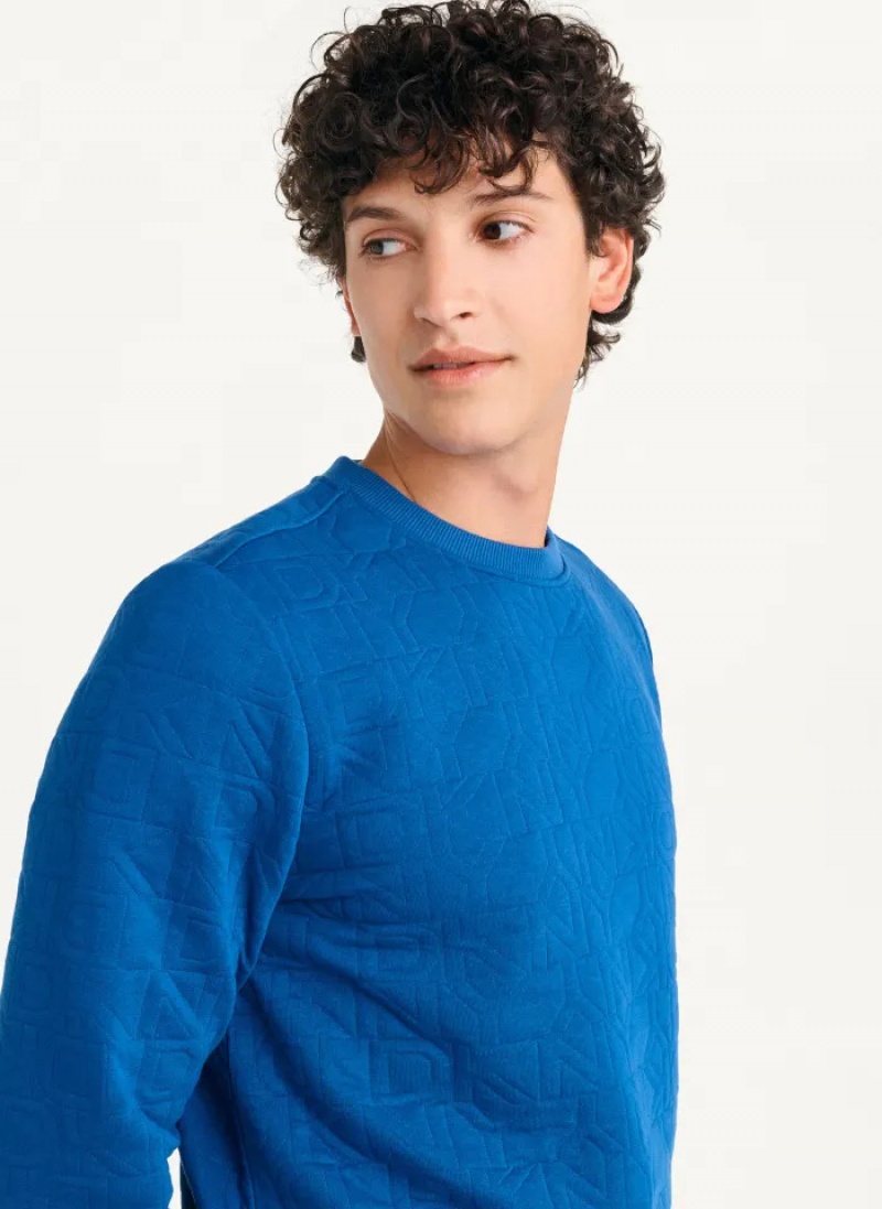 Blue Men's Dkny Quilted Knit Allover Logo Crewneck Sweaters | 367BVNFKA