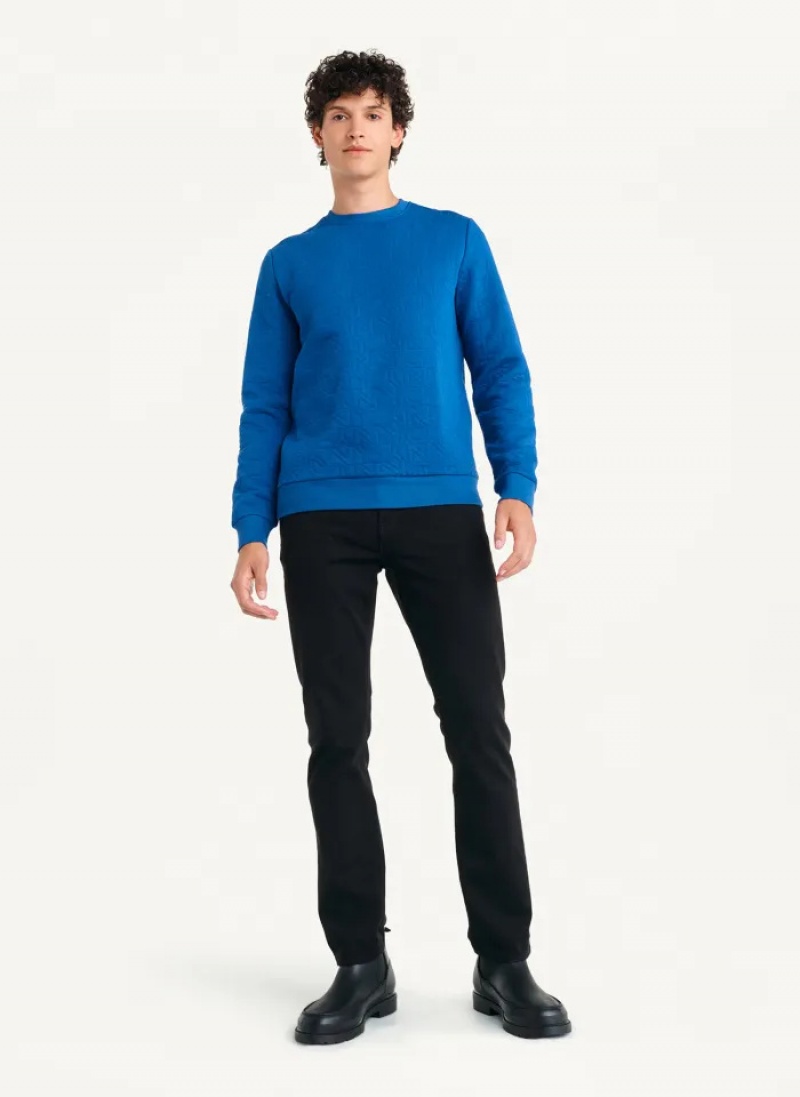 Blue Men's Dkny Quilted Knit Allover Logo Crewneck Sweaters | 367BVNFKA