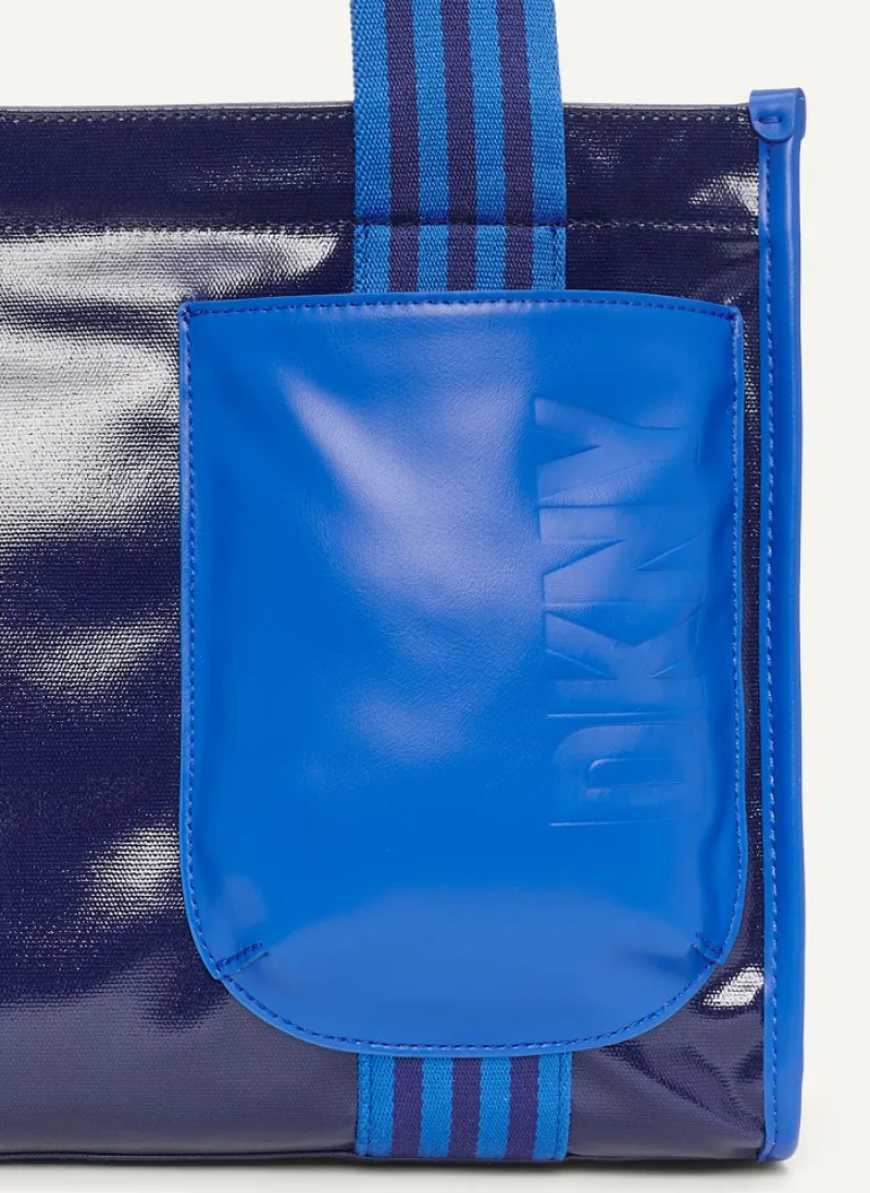 Blue Women's Dkny Prospect Coated Canvas Medium Tote Bags | 732GBASQI