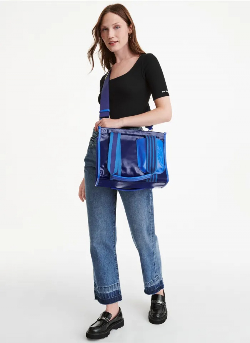 Blue Women's Dkny Prospect Coated Canvas Medium Tote Bags | 732GBASQI
