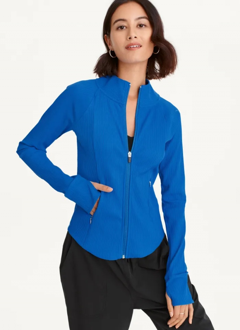 Blue Women\'s Dkny Solid Rib Full Zip W/ Pockets Jacket | 391NGAVKP