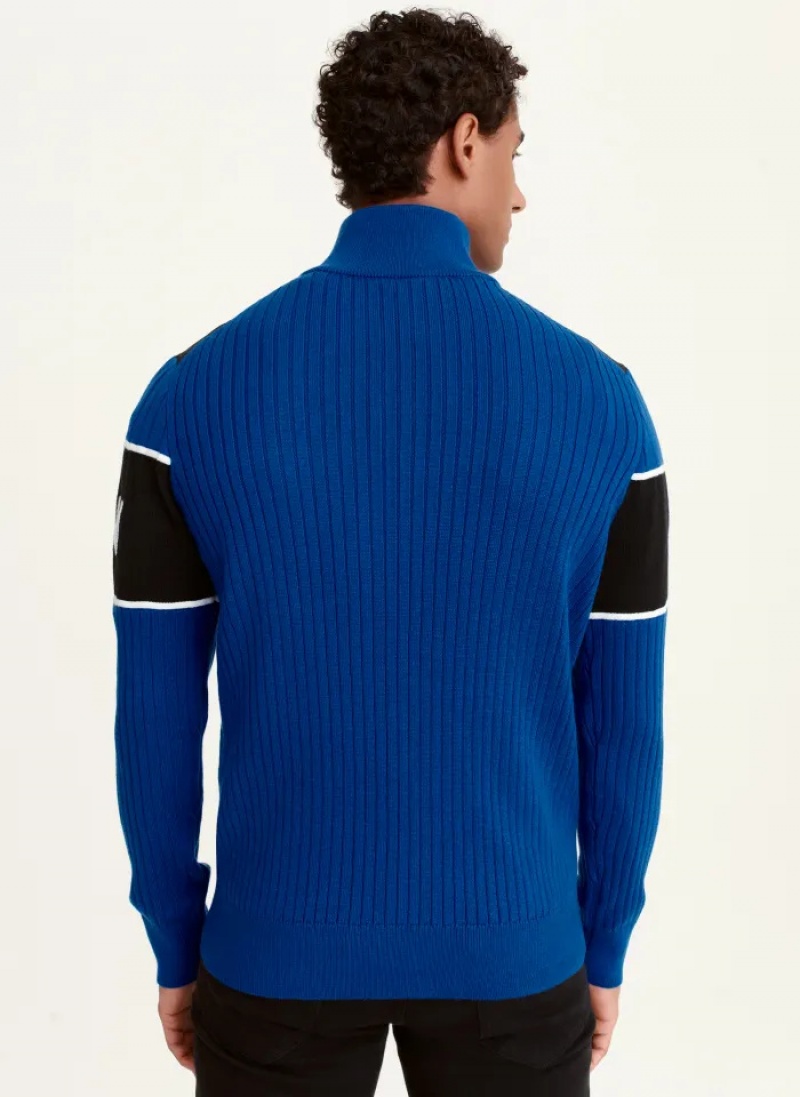 Blue / Black Men's Dkny Zip Mock Colorblock Sweaters | 190QHNRWG