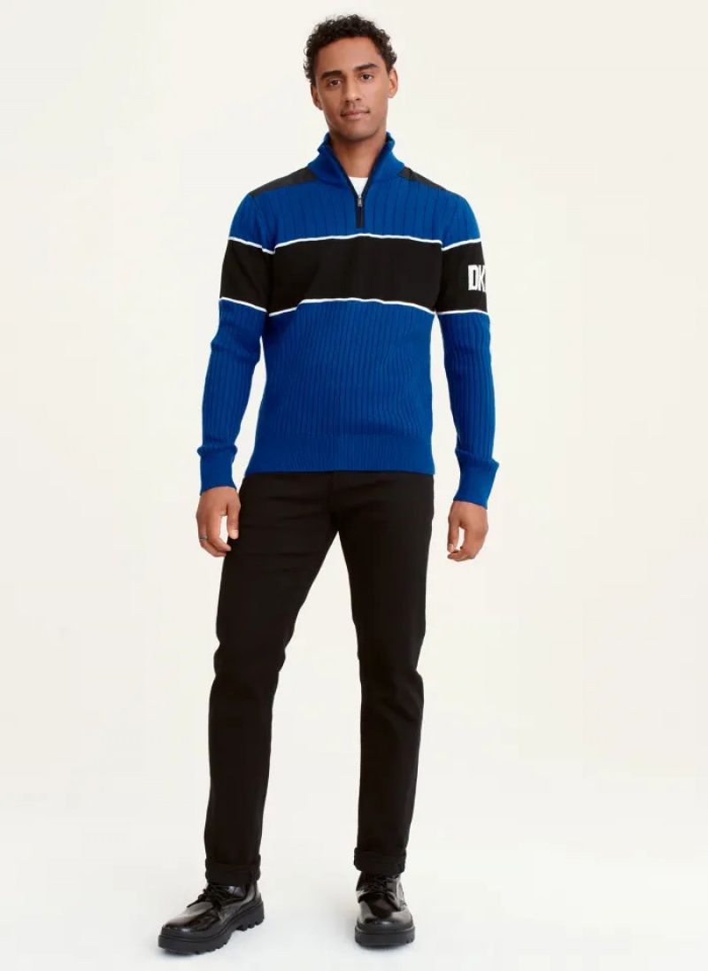Blue / Black Men's Dkny Zip Mock Colorblock Sweaters | 190QHNRWG