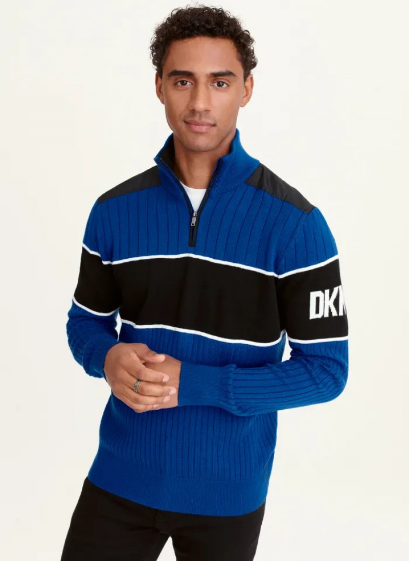 Blue / Black Men\'s Dkny Zip Mock Colorblock Sweaters | 190QHNRWG