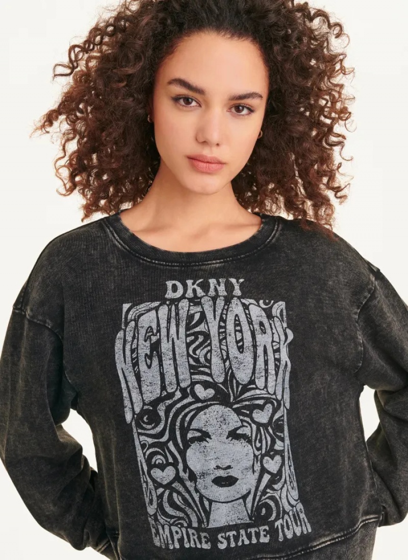 Charcoal Women's Dkny Long Sleeve - Tour Graphic Sweatshirts | 246KMFCDS