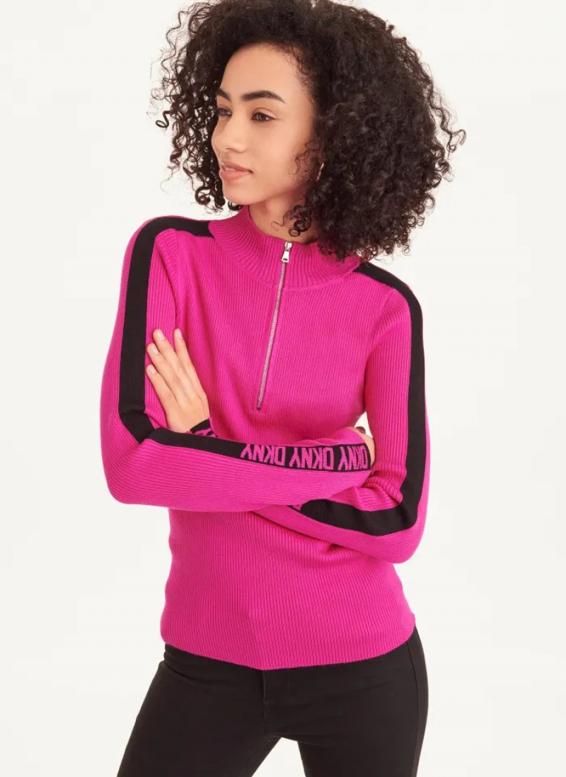 Electric Fuschia/Black Women\'s Dkny Long Sleeve Half Zip Logo Tape Sweaters | 056PITAZV