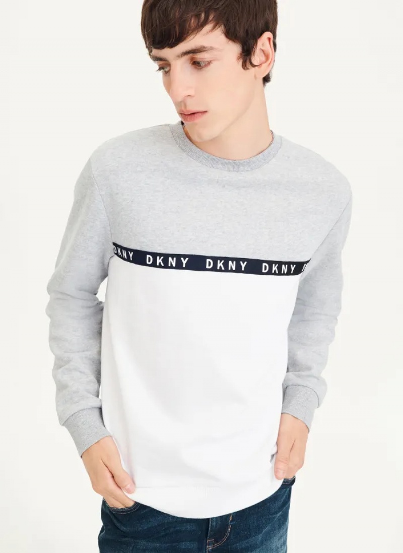 Grey/White Men\'s Dkny Logo Fleece Crew Sweaters | 560NOBDKU