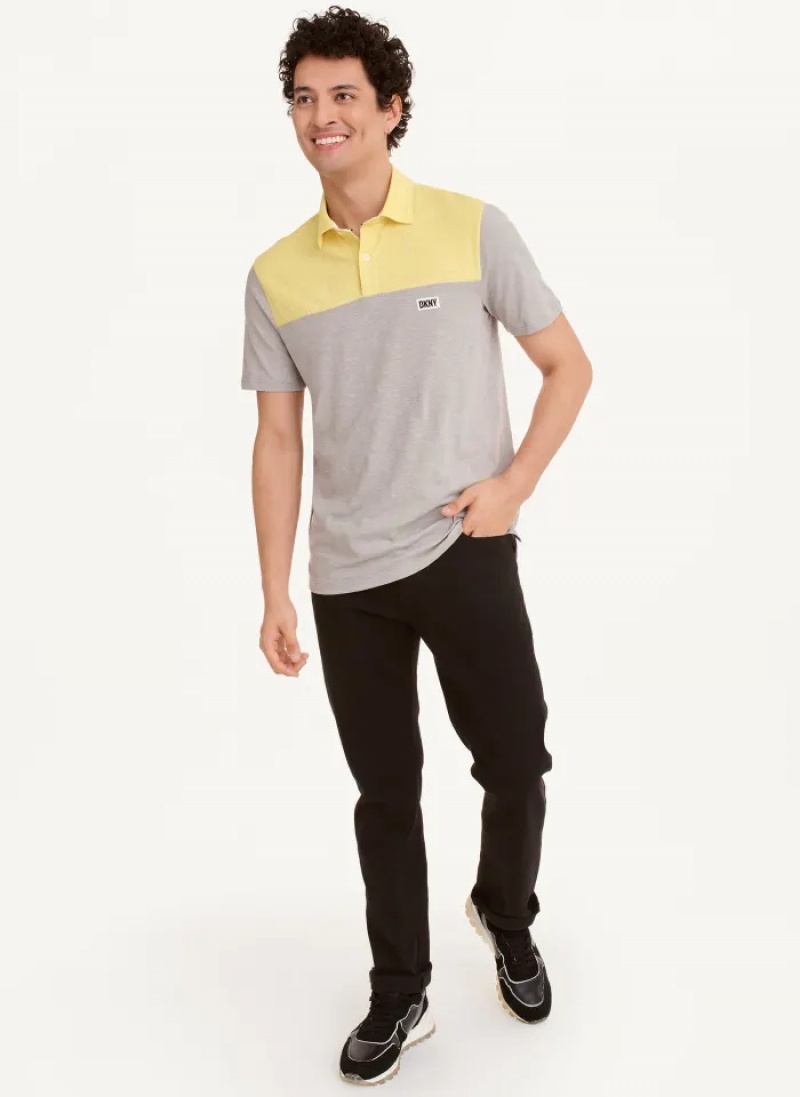 Grey/Yellow Men's Dkny Slub Jersey Colorblock Polo Shirts | 290QOGUXN