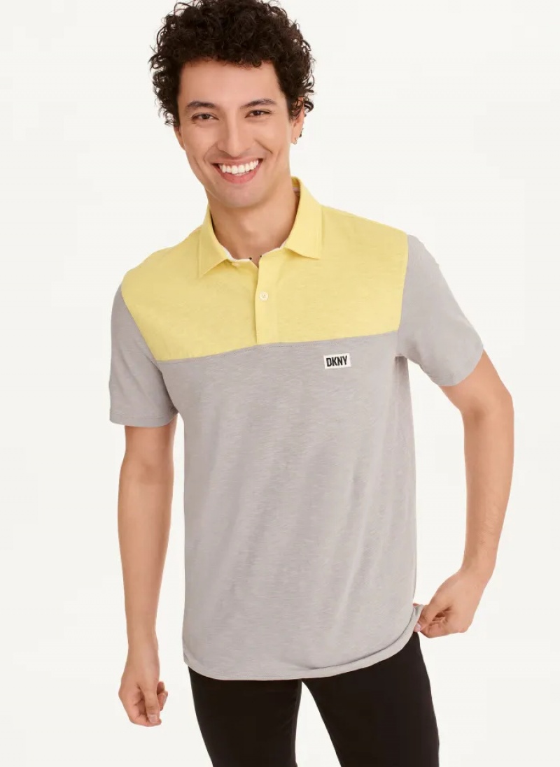 Grey/Yellow Men\'s Dkny Slub Jersey Colorblock Polo Shirts | 290QOGUXN