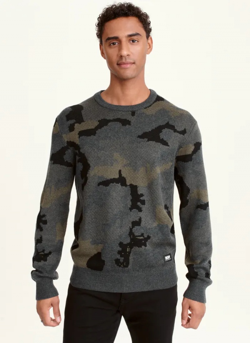 Grey Men\'s Dkny Camo Crew Sweaters | 419VUZPIK