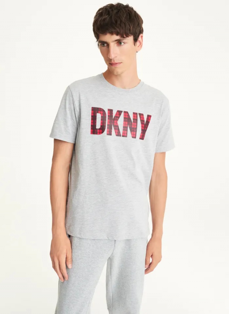 Grey Men\'s Dkny Celebrate Plaid Logo T Shirts | 479WOMNDT