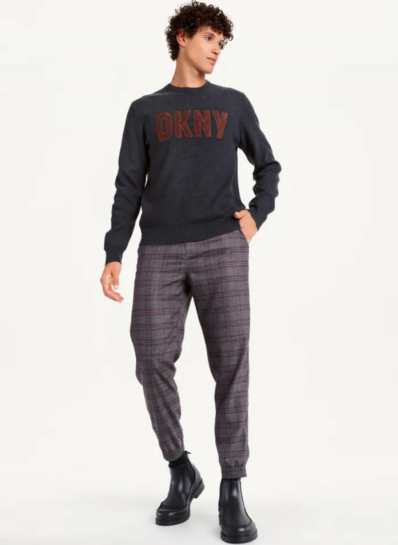 Grey Men's Dkny Faux Leather Applique Crew Sweaters | 309YKVWGZ