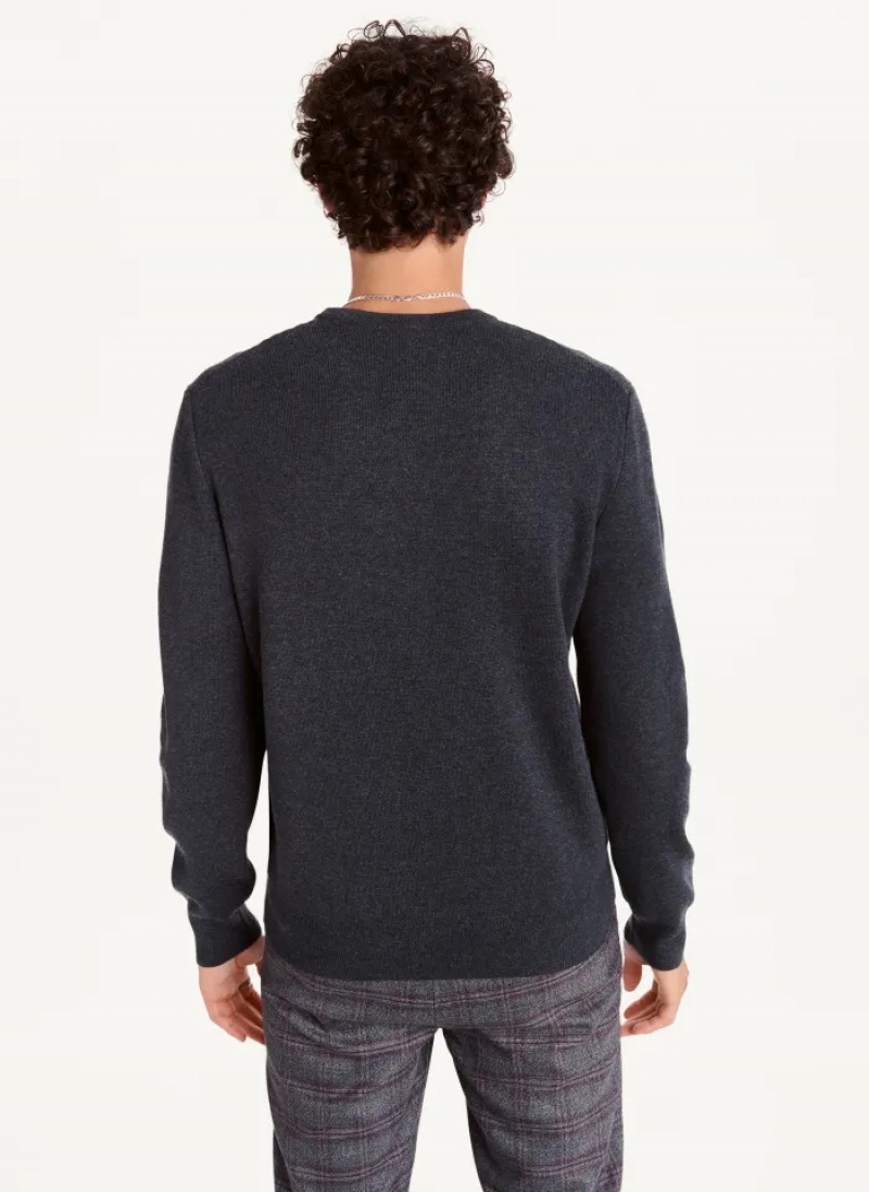 Grey Men's Dkny Faux Leather Applique Crew Sweaters | 309YKVWGZ