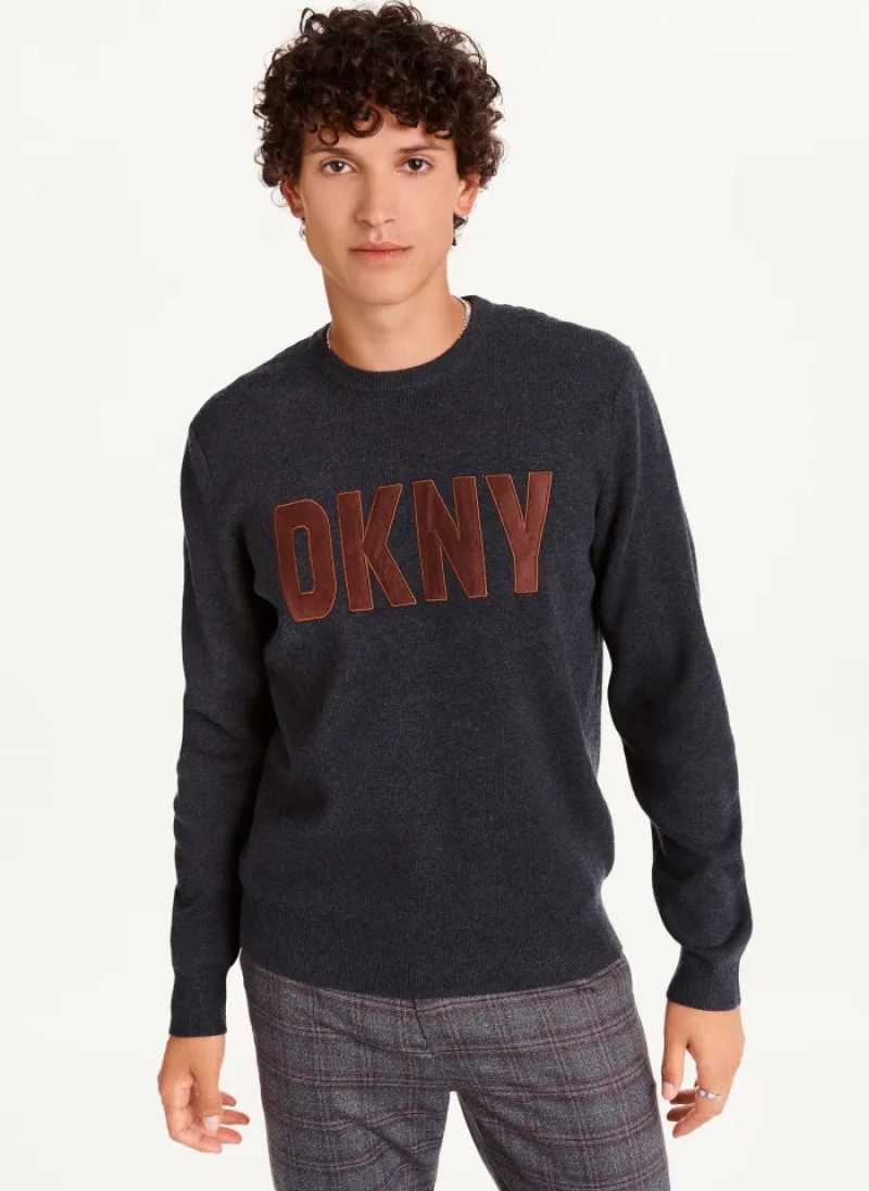 Grey Men\'s Dkny Faux Leather Applique Crew Sweaters | 309YKVWGZ
