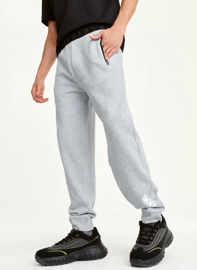 Grey Men\'s Dkny Fleece Logo Waistband Pants | 529GXIQJR