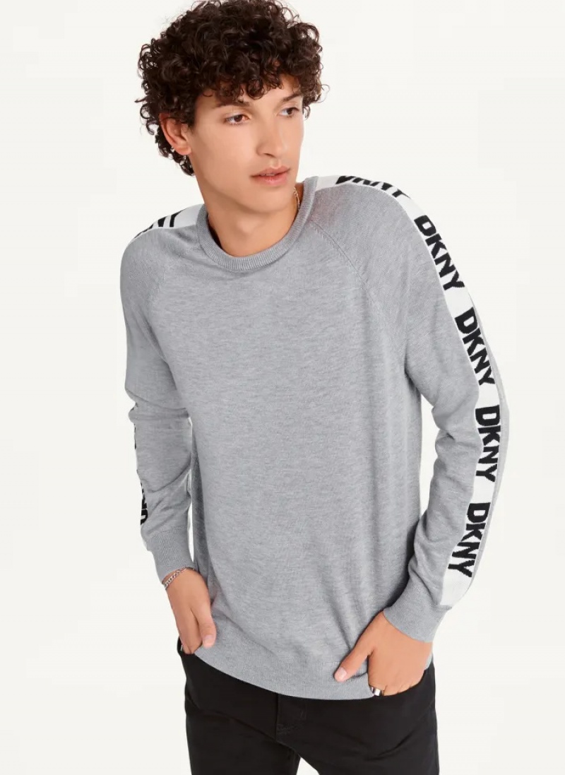 Grey Men\'s Dkny Knitted Logo Sleeve Tape Crew Sweaters | 491KPSLWC