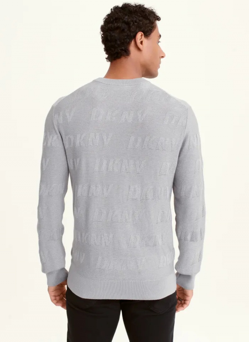 Grey Men's Dkny Long Sleeve Allover Logo Crew Sweaters | 875KQJGFZ