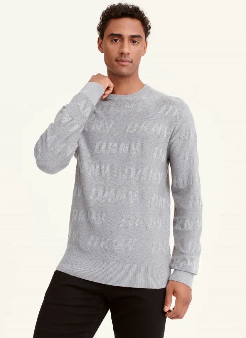 Grey Men\'s Dkny Long Sleeve Allover Logo Crew Sweaters | 875KQJGFZ