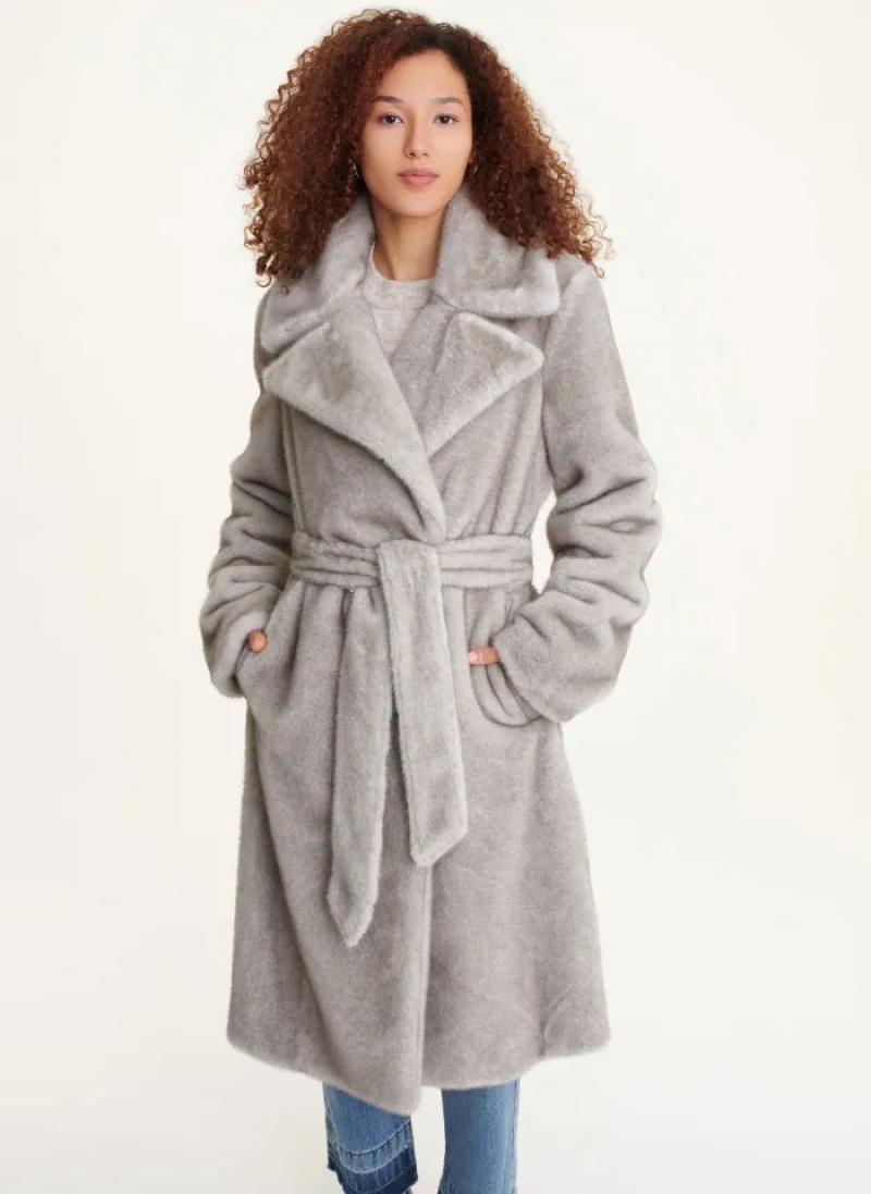 Grey Women's Dkny Faux Mink Longline Coats | 026HDTXRO