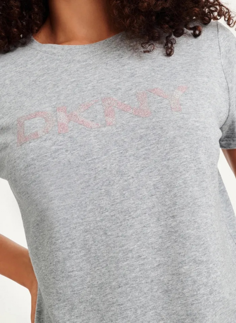 Grey Women's Dkny Glitter Logo T Shirts | 926VYKERG