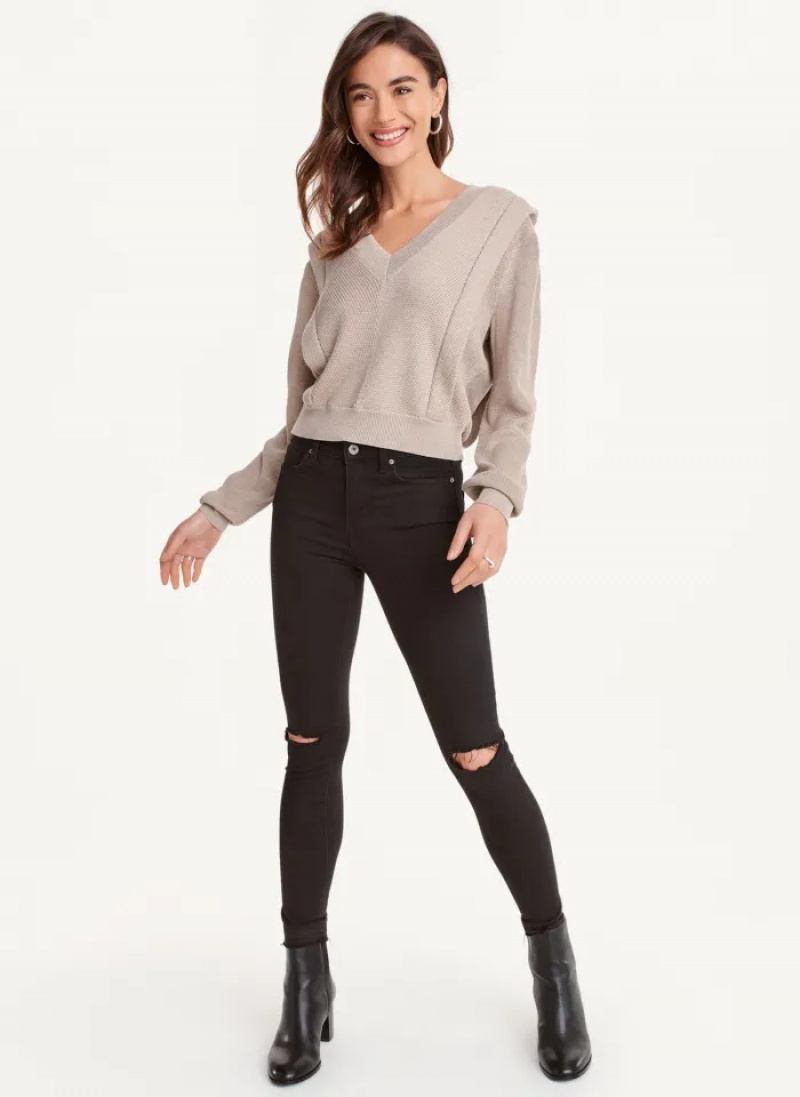 Grey Women's Dkny Long Sleeve V-Neck Flange Sweaters | 415RBLDSC
