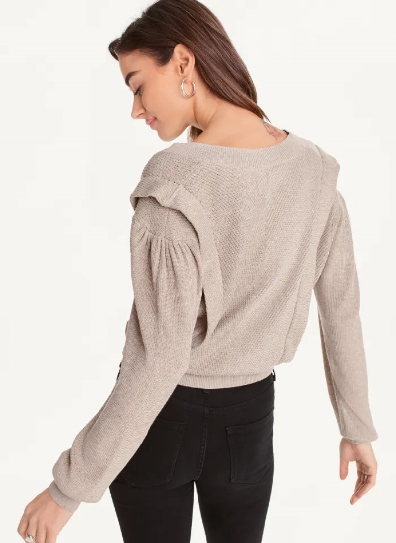 Grey Women's Dkny Long Sleeve V-Neck Flange Sweaters | 415RBLDSC