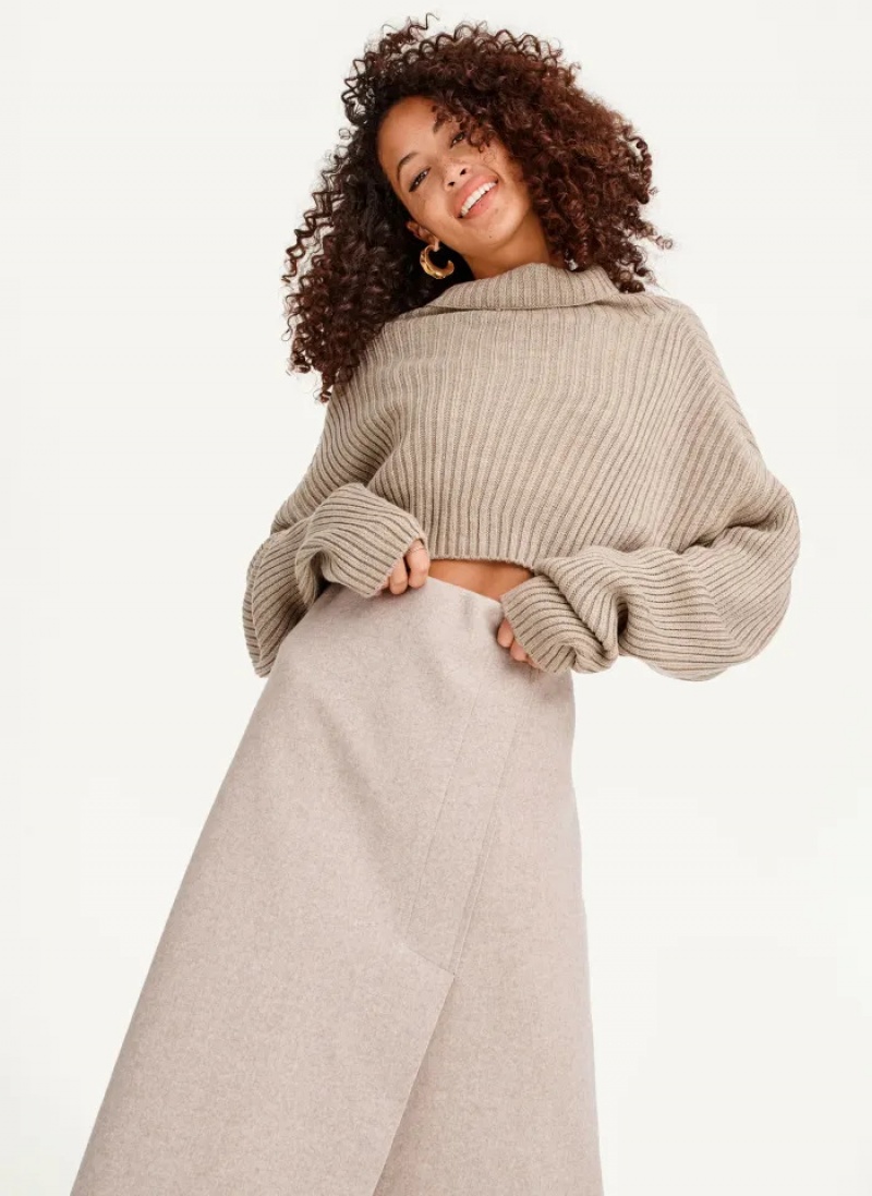 Heather Mushroom Women's Dkny Cropped Turtleneck Sweaters | 728DYKUTW