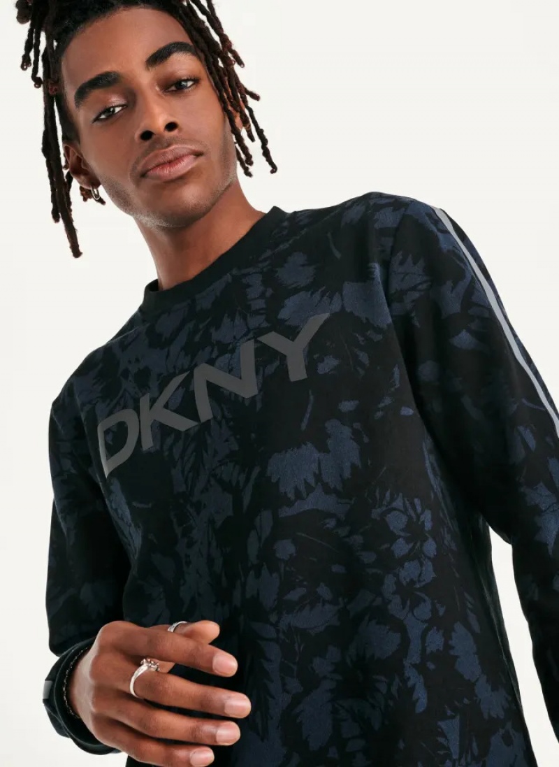 Indigo Men\'s Dkny Tropical Print French Terry Crewneck Sweaters | 610ZBUPJE