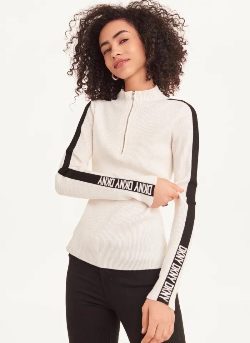 Ivory/Black Women\'s Dkny Long Sleeve Half Zip Logo Tape Sweaters | 214GXURPI