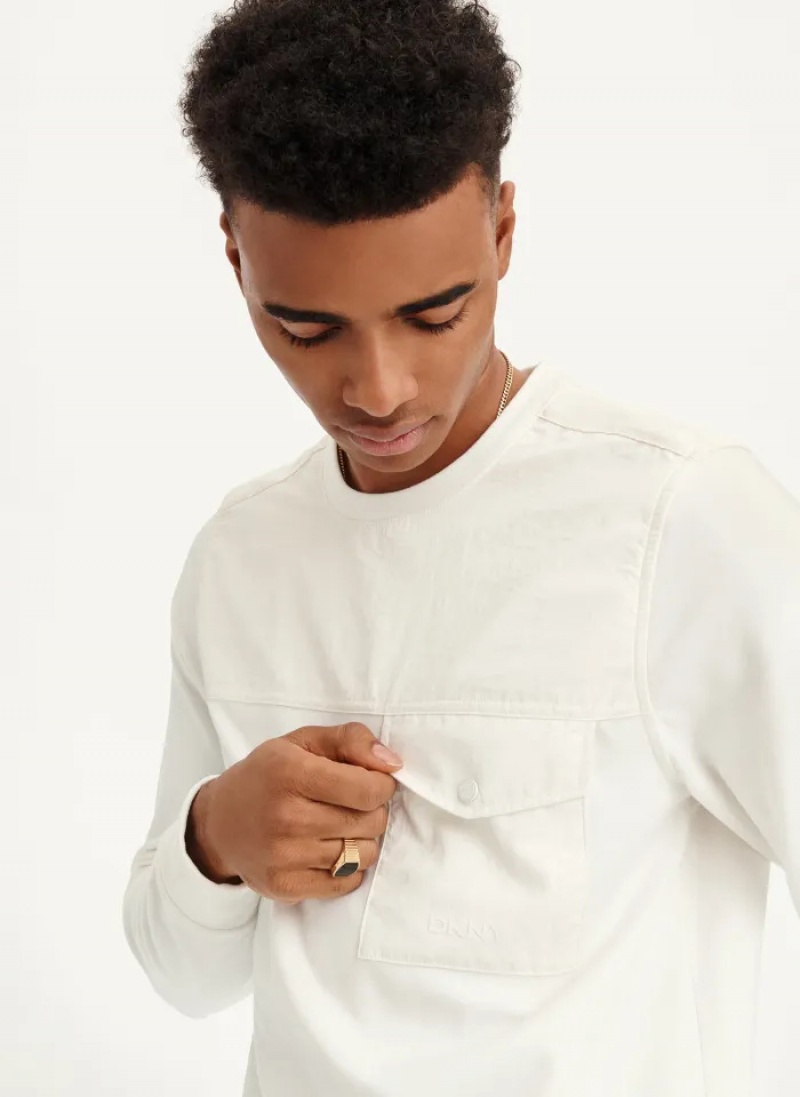 Ivory Men's Dkny Mixed Media Pocket Long Sleeve Knit T Shirts | 456RXCIAD