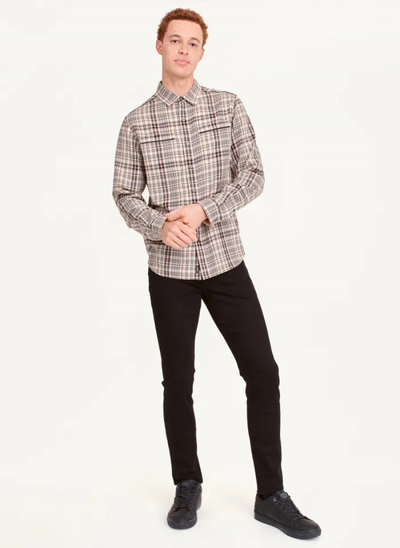 Khaki Men's Dkny Long Sleeve Plaid Khaki Button Up Shirts | 683BTPZSG