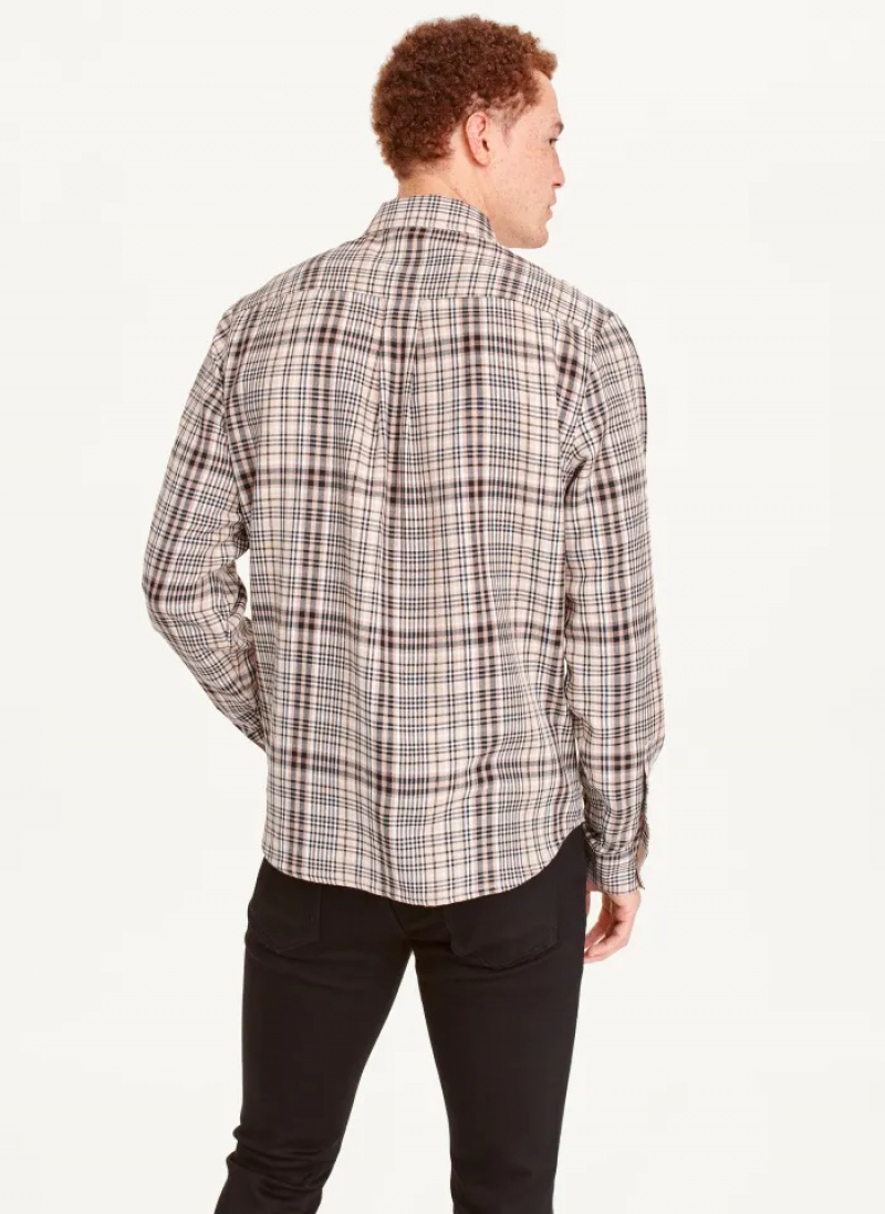 Khaki Men's Dkny Long Sleeve Plaid Khaki Button Up Shirts | 683BTPZSG