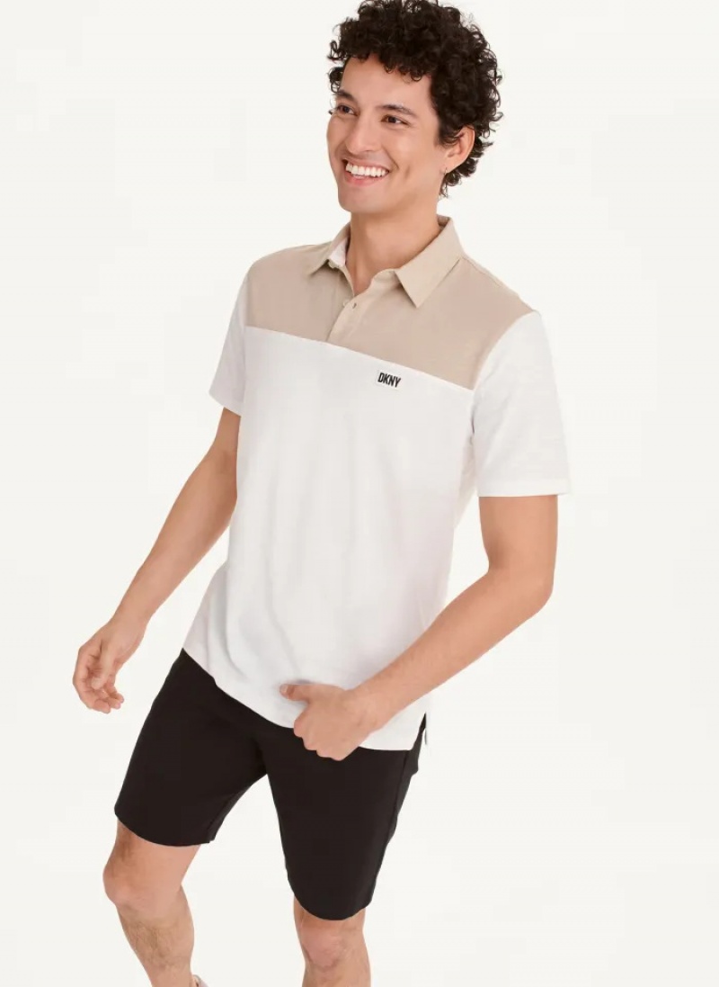 Khaki Men\'s Dkny Slub Jersey Colorblock Polo Shirts | 703ZPLGIH