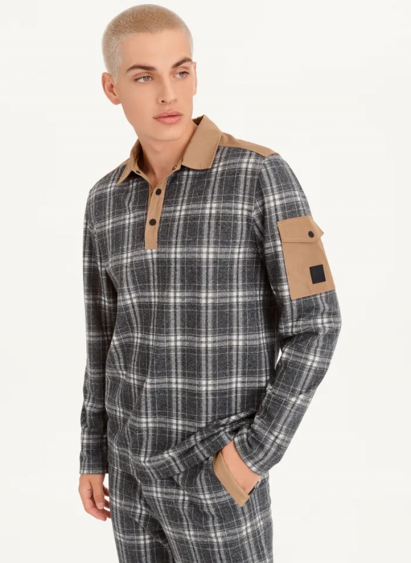 Multi Men\'s Dkny Nylon Trim Long Sleeve Plaid Polo Shirts | 241HXIFUD