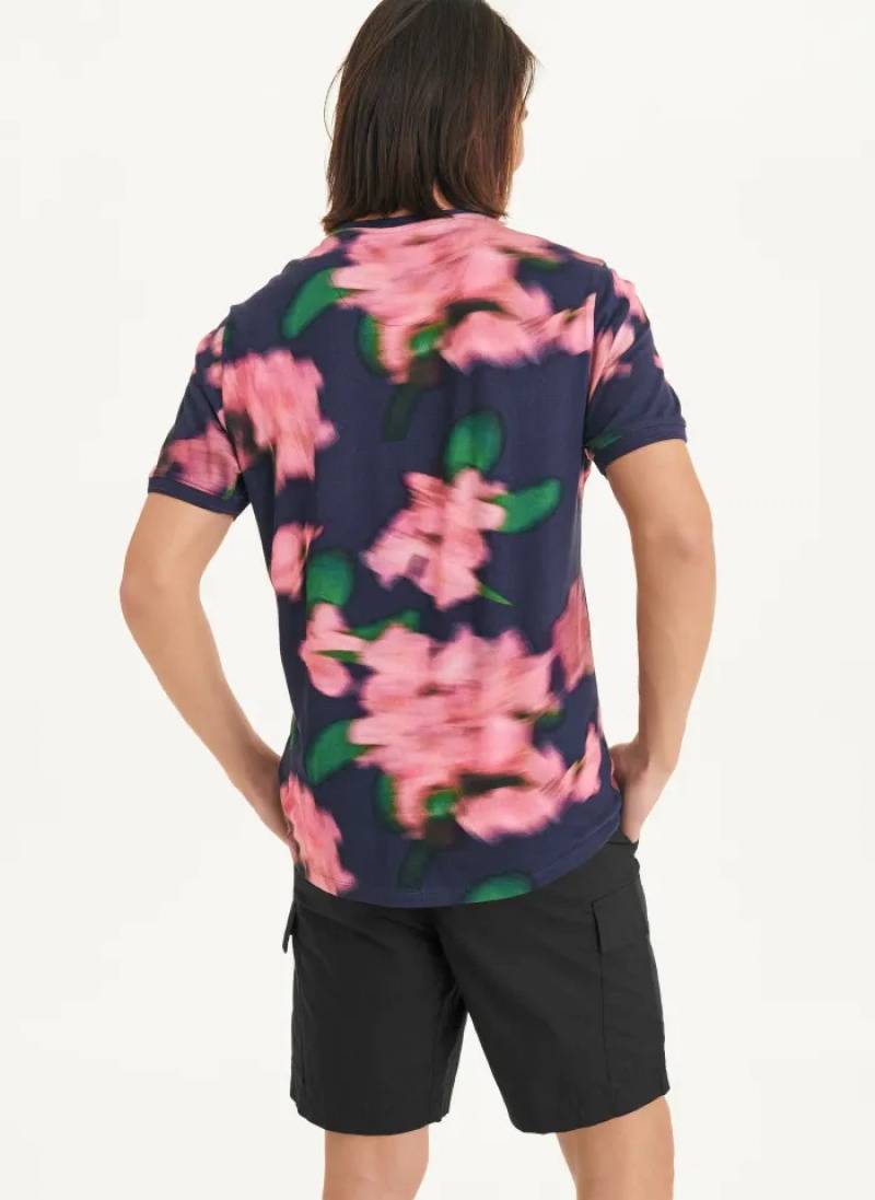 Navy/Pink Men's Dkny Blurry Floral Crew T Shirts | 673ZYRPBF
