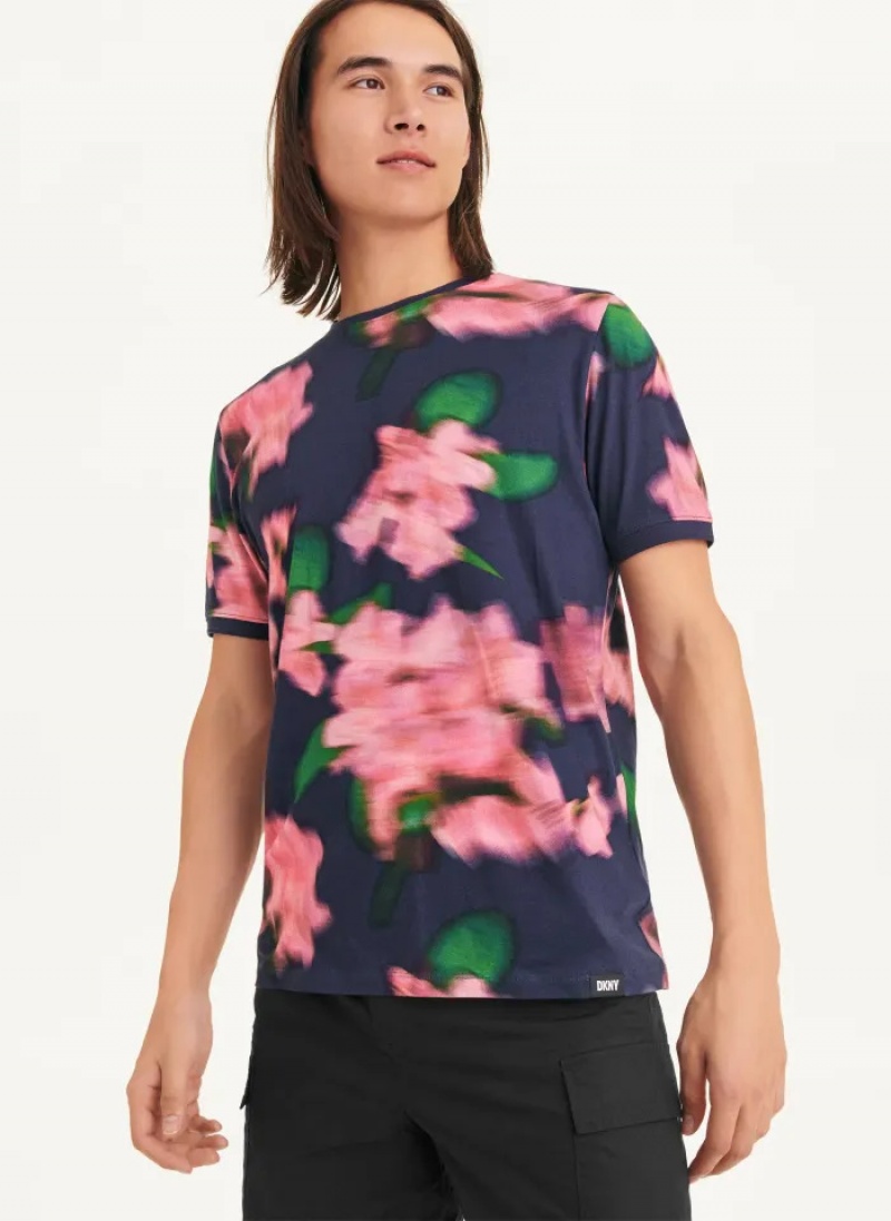 Navy/Pink Men\'s Dkny Blurry Floral Crew T Shirts | 673ZYRPBF