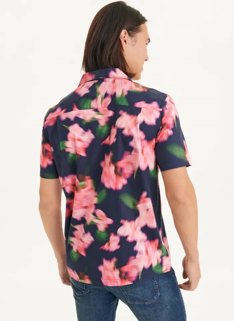 Navy/Pink Men's Dkny Short Sleeve Camp Blurred Floral Shirts | 109DJXHKP