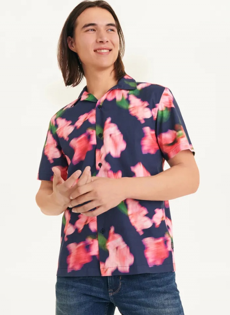 Navy/Pink Men\'s Dkny Short Sleeve Camp Blurred Floral Shirts | 109DJXHKP