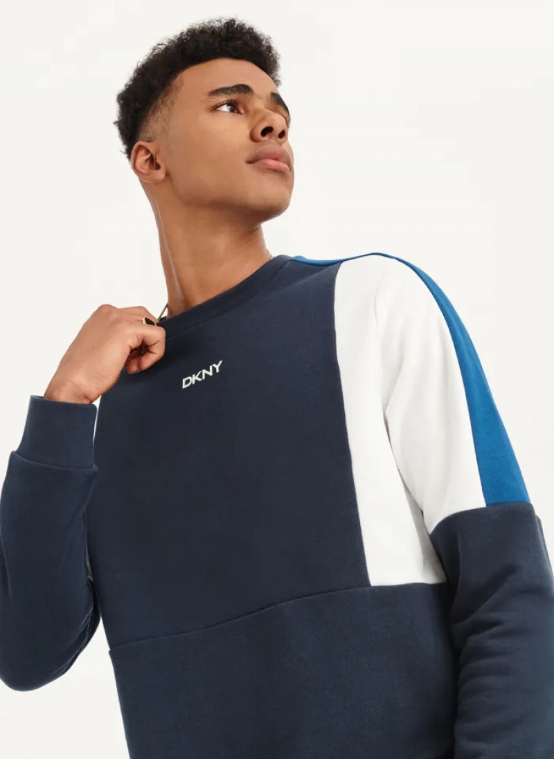 Navy Men\'s Dkny Colorblock French Terry Front Logo Crewneck Sweaters | 798POTWCM