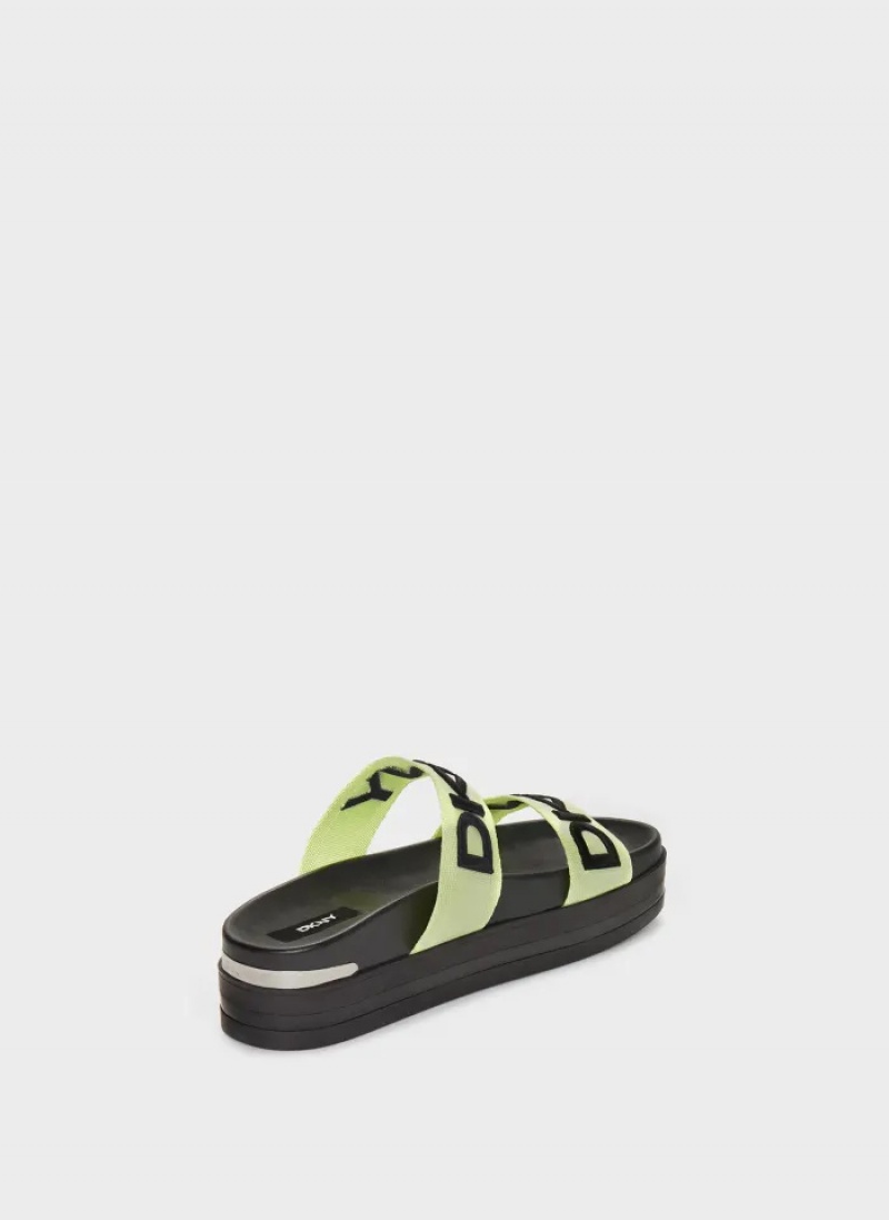 Neon Green Women's Dkny Tee Double-Strap Sandals | 053QXDFOT