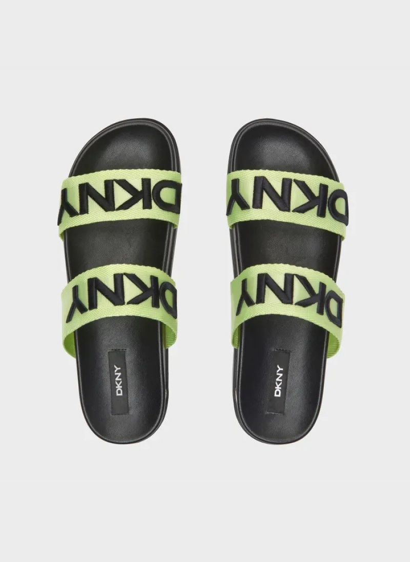 Neon Green Women's Dkny Tee Double-Strap Sandals | 053QXDFOT