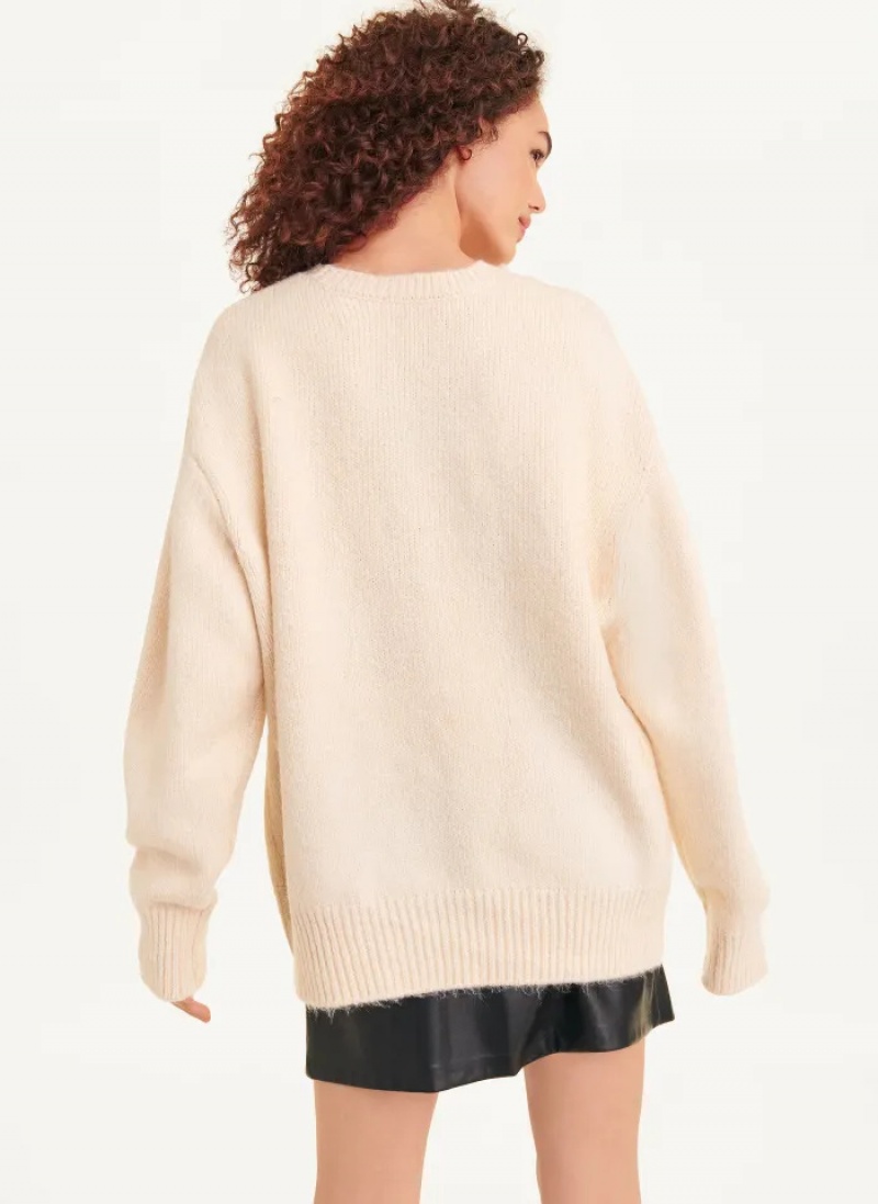 Oatmeal Heather Women's Dkny Crewneck Pocket Sweaters | 437IXQCVO