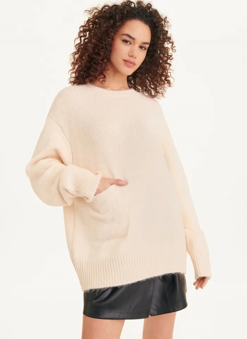 Oatmeal Heather Women\'s Dkny Crewneck Pocket Sweaters | 437IXQCVO