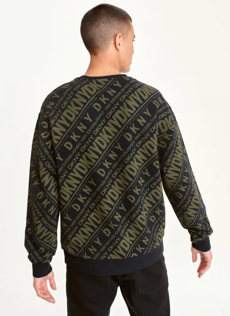 Olive Black Men's Dkny Long Sleeve Diagonal Logo Print Crew Sweaters | 146OEDXIR