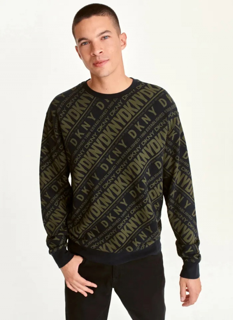 Olive Black Men\'s Dkny Long Sleeve Diagonal Logo Print Crew Sweaters | 146OEDXIR
