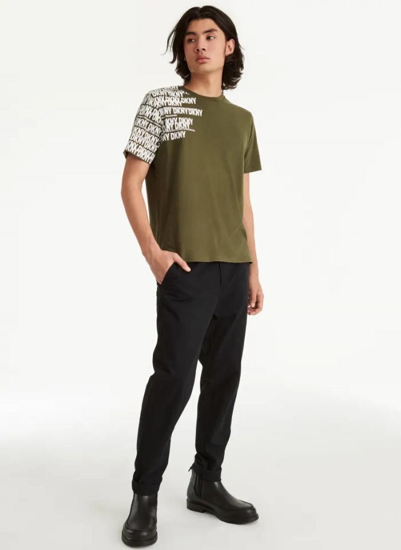 Olive Men's Dkny Asymmetrical Sleeve Logo T Shirts | 562ZNLMGS