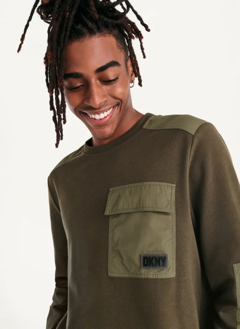 Olive Men's Dkny Mixed Media Military Crewneck Sweaters | 695TZREYC