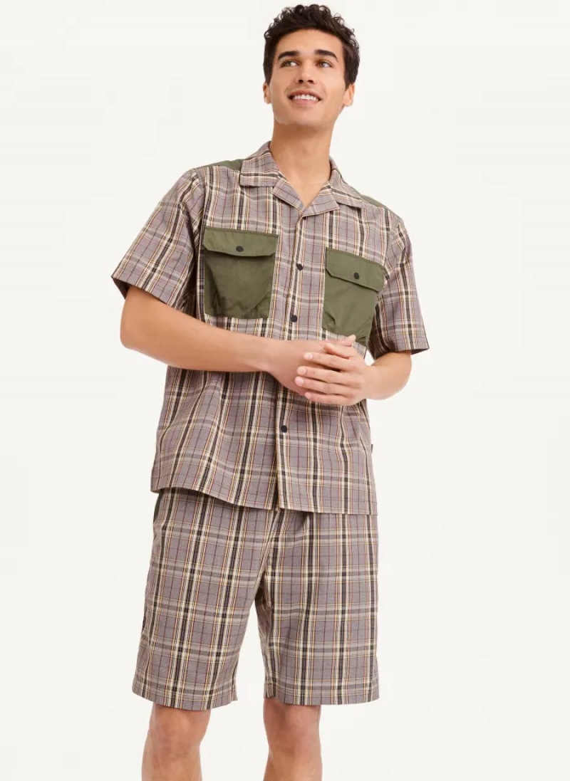 Olive Men\'s Dkny Plaid/Solid Mixed Short Sleeve Knit Shirts | 640ZTQOYN