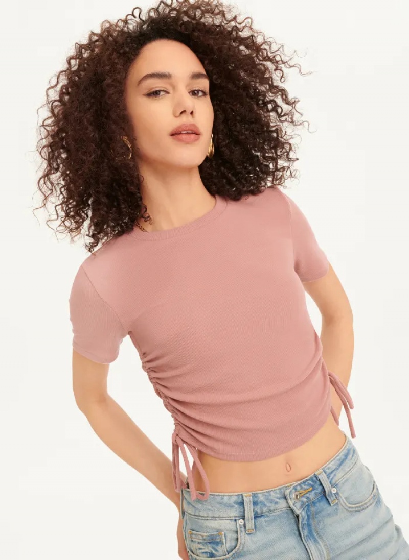Pink Women's Dkny Short Sleeve Side Ruched T Shirts | 523EWRHLI