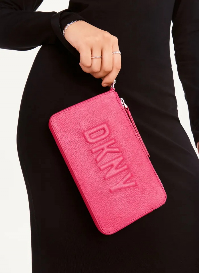 Pink Women's Dkny Wristlet Raised Logo Wallet | 078GDEKQI